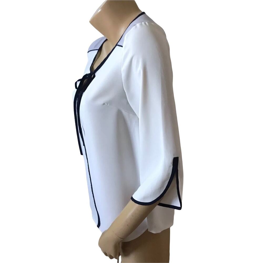 41 Hawthorn Blouse Womens Small White Navy Trim Keyhole Tie Neck 3/4 Sleeve - Picture 2 of 7